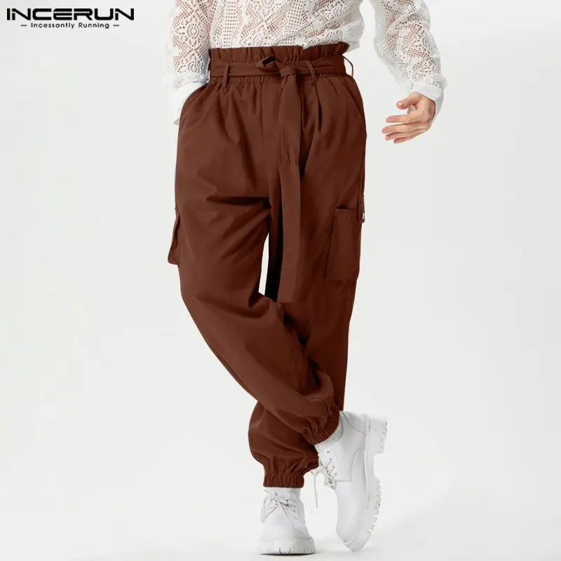 INCERUN 남성 카고 바지 솔리드 조깅 신축성있는 허리 바지 남성 벨트 streetwear 느슨한 2024 패션 캐주얼 Pantalon S-5XL