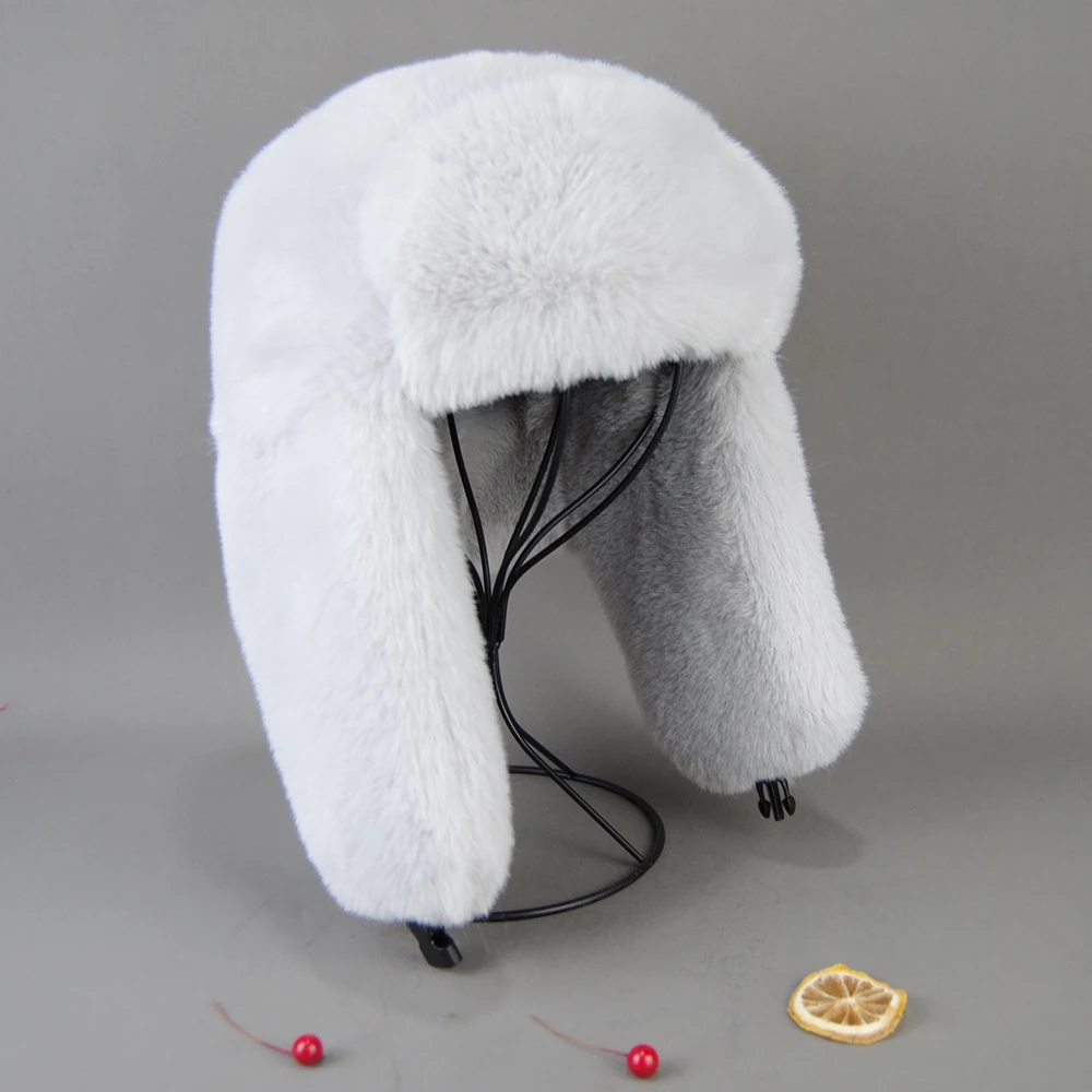 Winter Russian Man Woman White Skin False Rex Rabbit Fur Hats Luxury False Rex Rabbit Fur Cap Unisex Bomber Hat