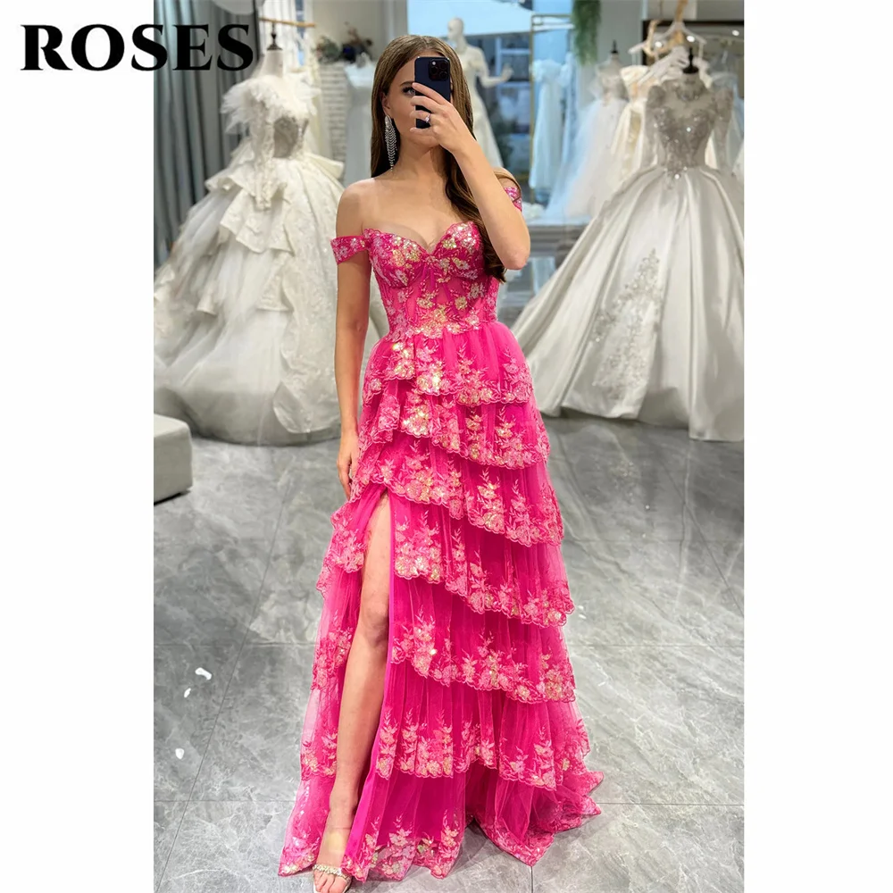 

ROSES Glitter Fuchsia Evening Dress Sweetheart Tulle A-Line Long Tiered Corset Prom Dress With Sequined Appliques Party Dress