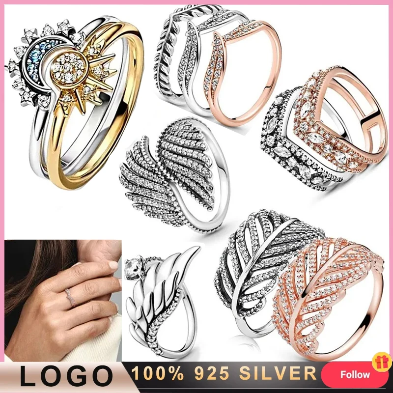 New Women's Classic Ring% 925 Silver Original LogoPav é Set with Vintage Wings and Bright Leaf Crown Ring Fashion DIY Jewelry bright white jewelry display stand ring holder earring holder bracelet holder round