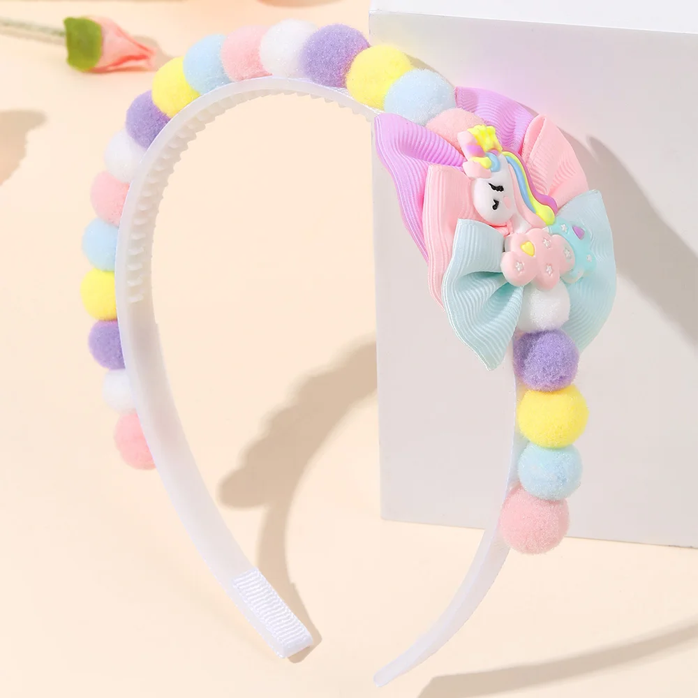 2Pcs Rabbit Fur Ball Headband Cute Rainbow Cartoon Unicorn Bow Hair Bands For Girls Children Kids Diadem Headdress Accessories