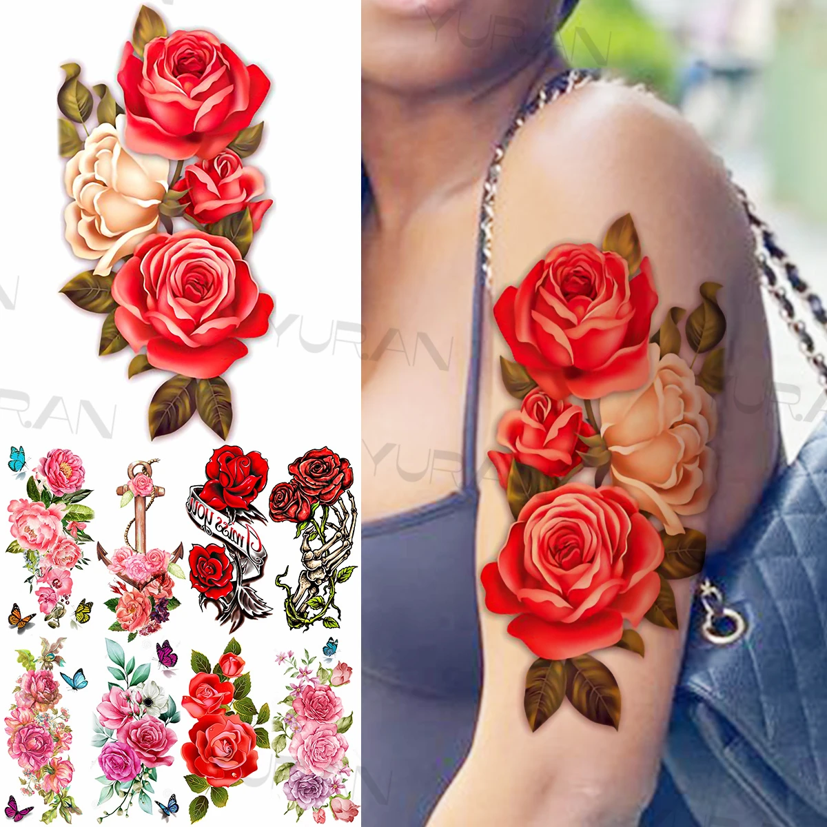 Tatuajes temporales de flores rosas coloridas para mujeres y niñas, ancla  realista, esqueleto de mariposa, tatuaje falso, pegatina para brazo y  cuerpo, tatuajes|Tatuajes temporales| - AliExpress