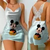 Mini Dress Pajama Skirt Bow Knot Party Dresses Satin Surface Minnie Mouse Disney Mickey Womens Fashion Summer 2024 Elegant Women 1