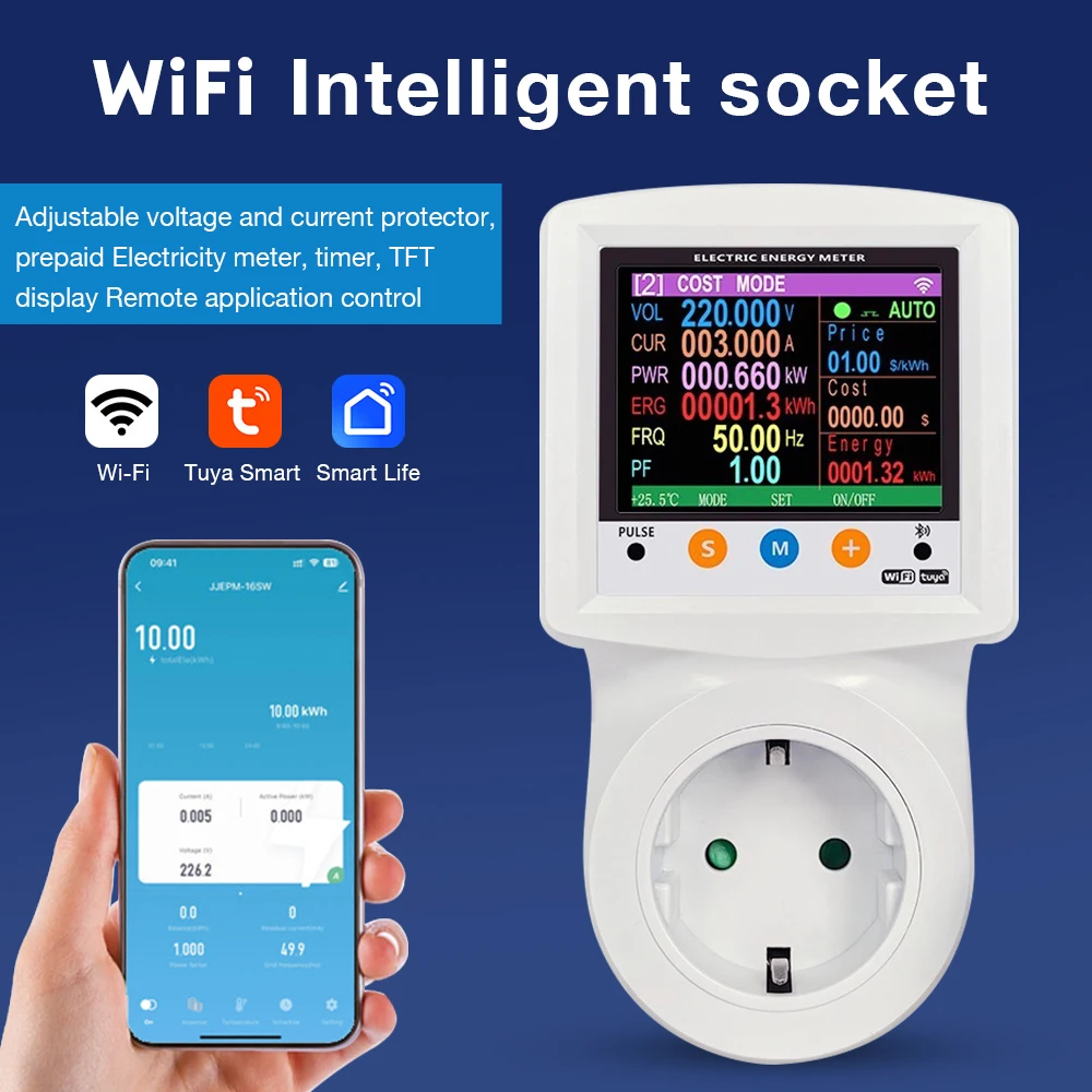 16A Tuya WIFI 스마트 소켓 AC 디지털 전력계 전기 소비 전력 KWH 에너지 미터 전압/전류 보호기 EU 플러그