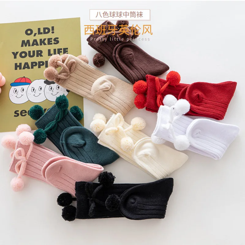 Autumn Winter Baby Stockings British Style Cute Warm Cotton White Blue Knee High Long Pom Socks for 0-4Y Girls Kids Tights Stuff