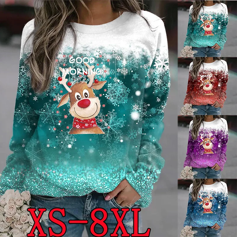 

2022 Women's Fashion Christmas Snowflake Casual Loose Size O-Neck Vintage Pulllover Sweatshirt Print T-shirt XS-8XL
