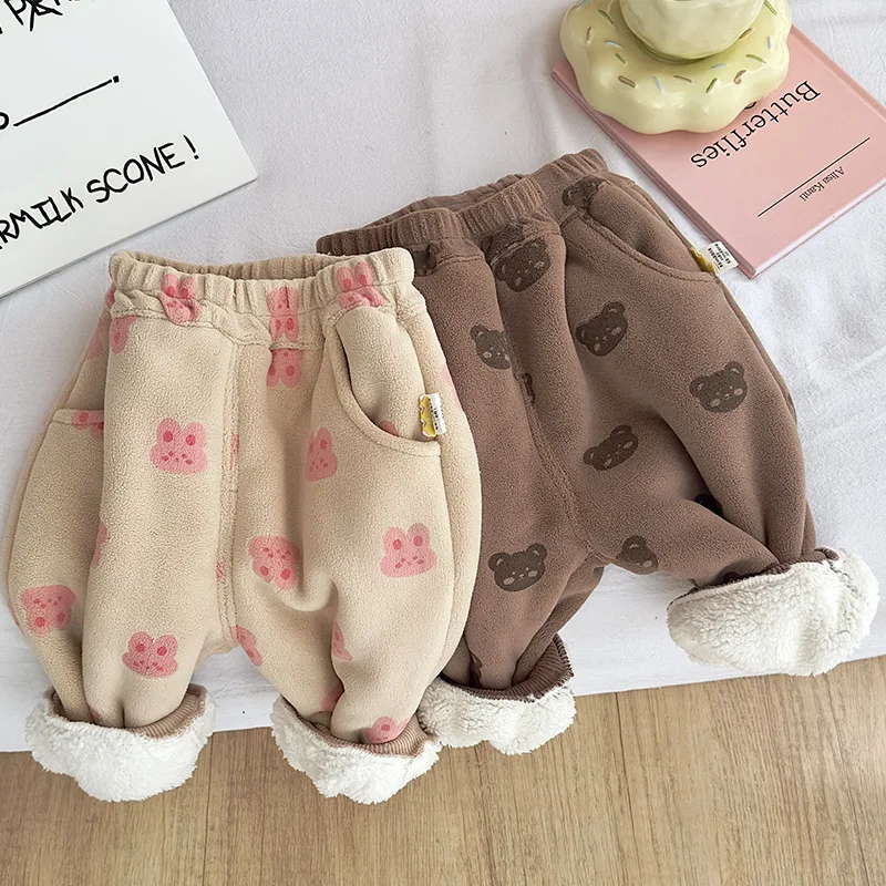 Korean version of autumn and winter cotton cartoon pattern for boys and girls, plush warm loose casual Harlan pants