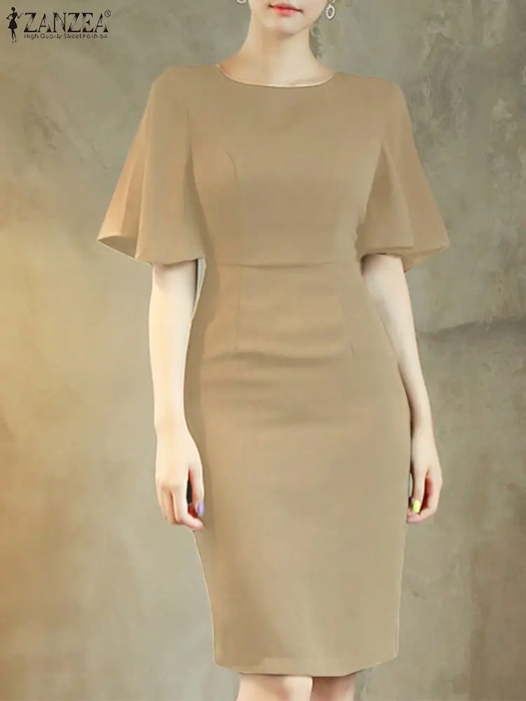 

ZANZEA Office Lady Ruffle Sleeve Short Vestidos Elegant OL Women O-neck Sheath Dress Cinched Waist Fashion Sexy Tight Dresses