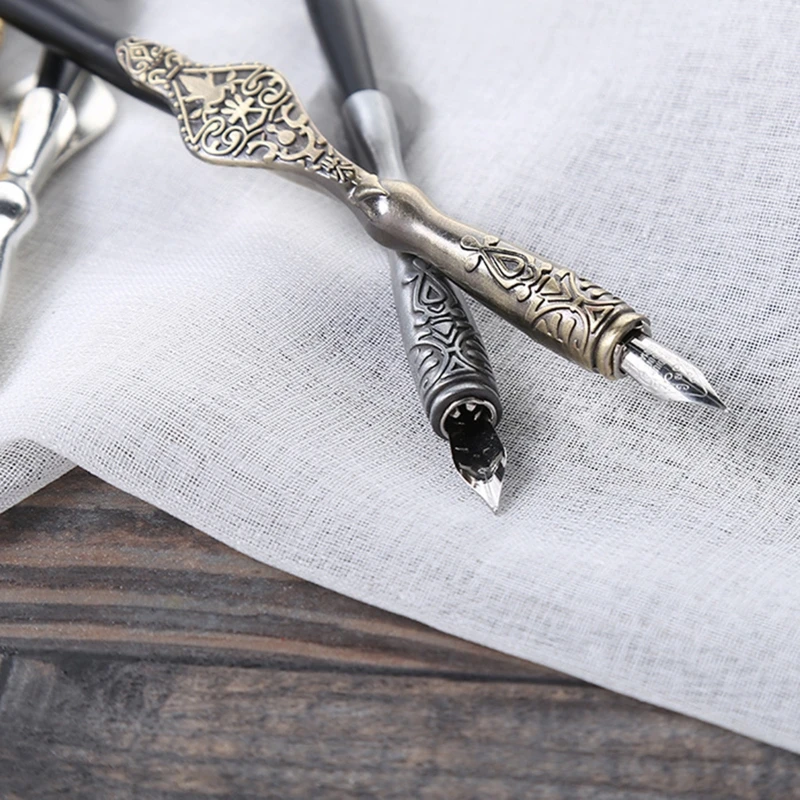Dip Pen Set 1PC Metal Carved Craft Script Antique Dip Pen Oblique Calligraphy Pen Holder 77HA