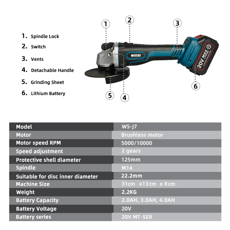 WOSAI MT Series M14 Brushless Angle Grinder 20V Lithium-Ion Battery Machine Cutting Cordless Electric Angle Grinder Power Tools 3