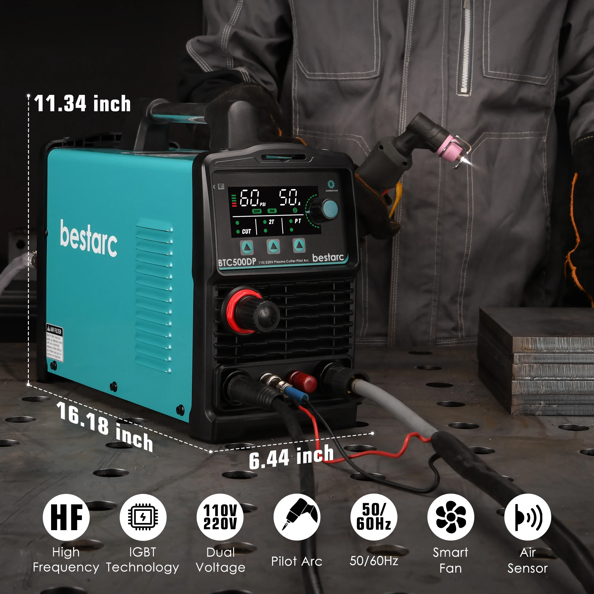 Plasma Cutter, Pilot Arc 50Amps Screen Display Single Phase Voltage 220V, Digital Plasma Cutting Machine (BTC500DP 9GEN 220V) 3