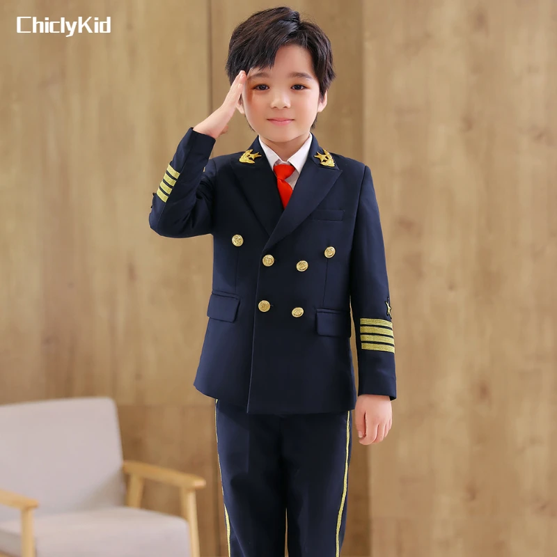 Tanie Chłopcy Pilot jednolity garnitur kurtka formalna sukienka dzieci Cosplay kapitan lotnictwa ubrania sklep