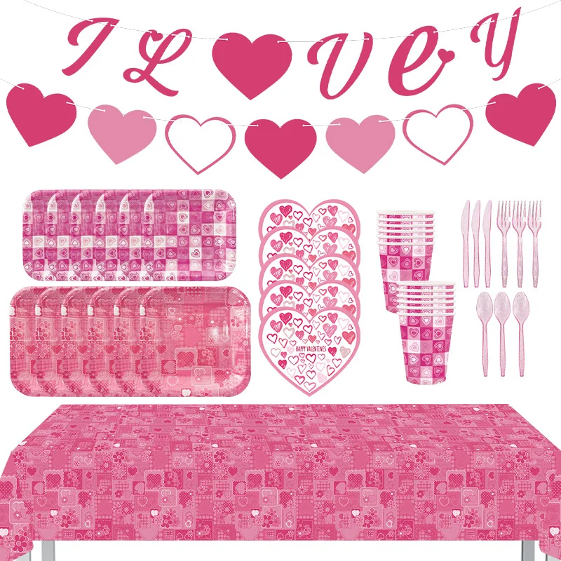 

Happy Valentine's Day Theme Party Supplies Pink Disposable Tableware Set Paper Cups Napkins Plates Banners Birthday Decoration