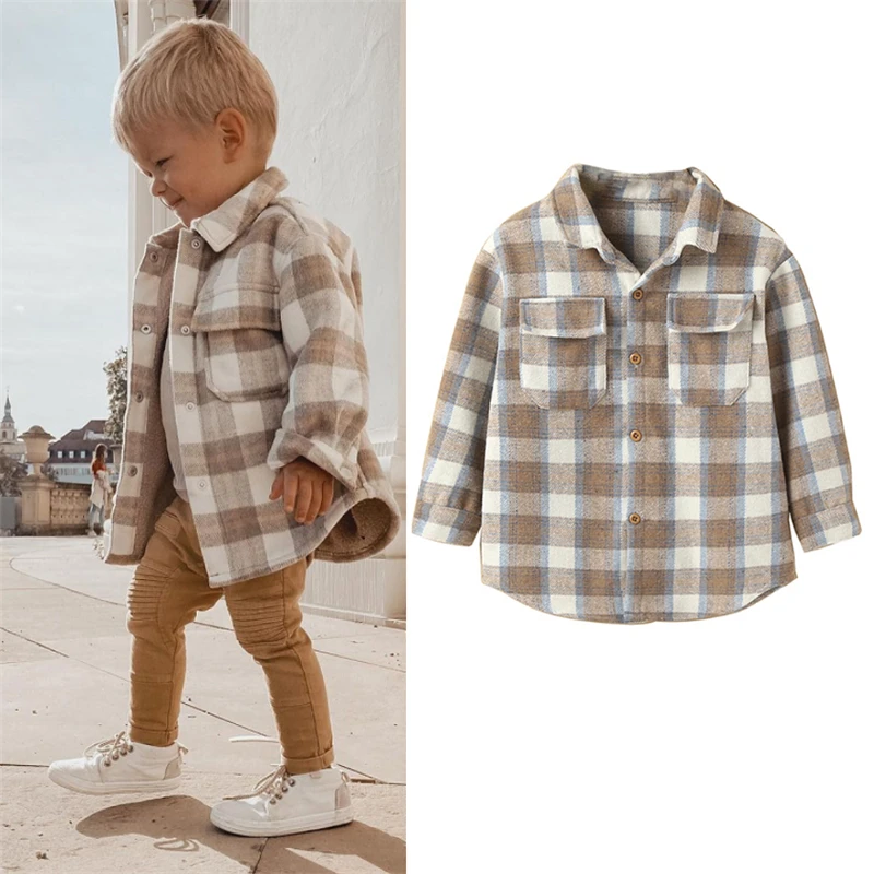 Toddler Girl Plaid Lapel Collar Button Design Shirt Coat Jacket for Girls Boy Baby Kids Spring Autumn Children's Warm Outerwear