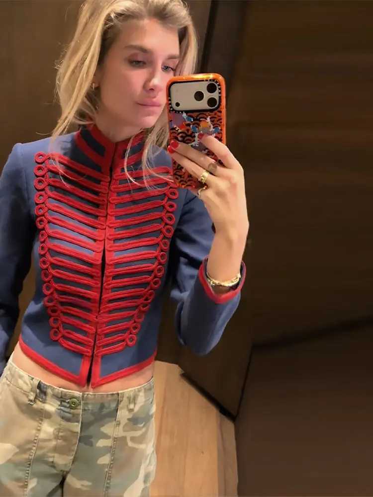 Stehkragen-Jacke mit Paneelen-Verzierung für Damen, Vintage Langarm Einreihiger Schlanker Mantel, Frühjahrs-Neuheit, Schicke Damen-Oberbekleidung – Detail 8