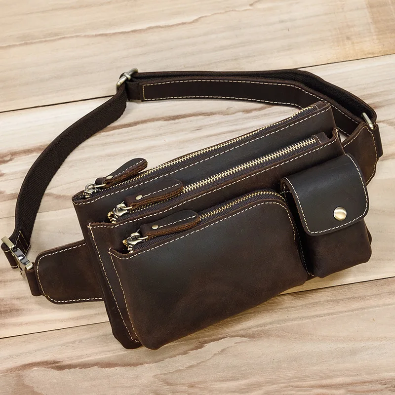 

MAHEU Crazy Horse Men Waist Bag Real Leather Chest Bag Outdoor Casual Full Grain Leather Porable Gym Bags Messenger Bag Brown
