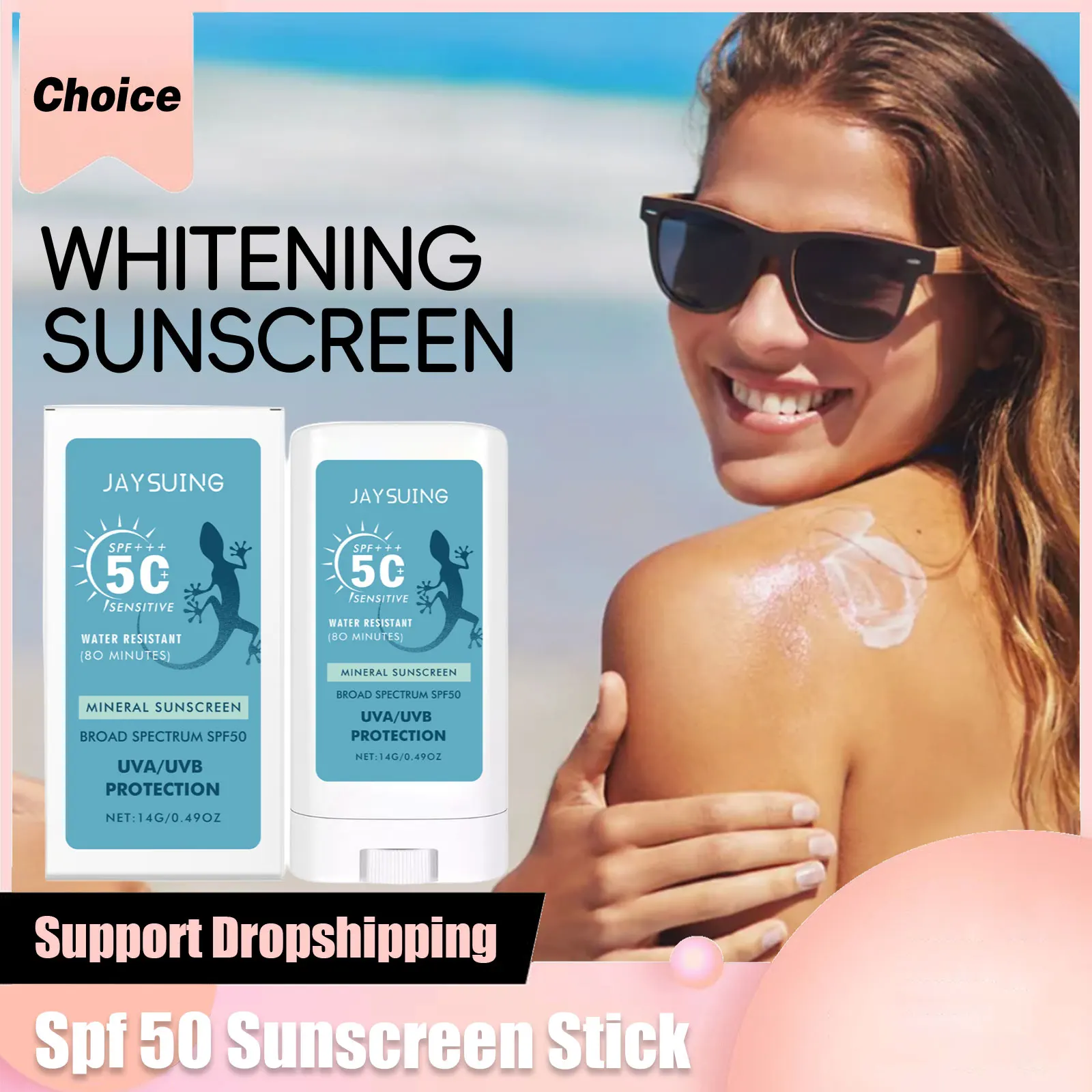 Sunscreen Stick SPF 50+ Hyaluronic Acid Broad Spectrum UV Protection Water-Resistant Refreshing Face Body Travel Sunblock Cream