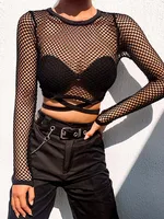 Sexy nouveau maille Goth à manches longues t-shirt femmes creux transparent résille hauts été chemise décontractée Streetwear vêtements pour femmes 5