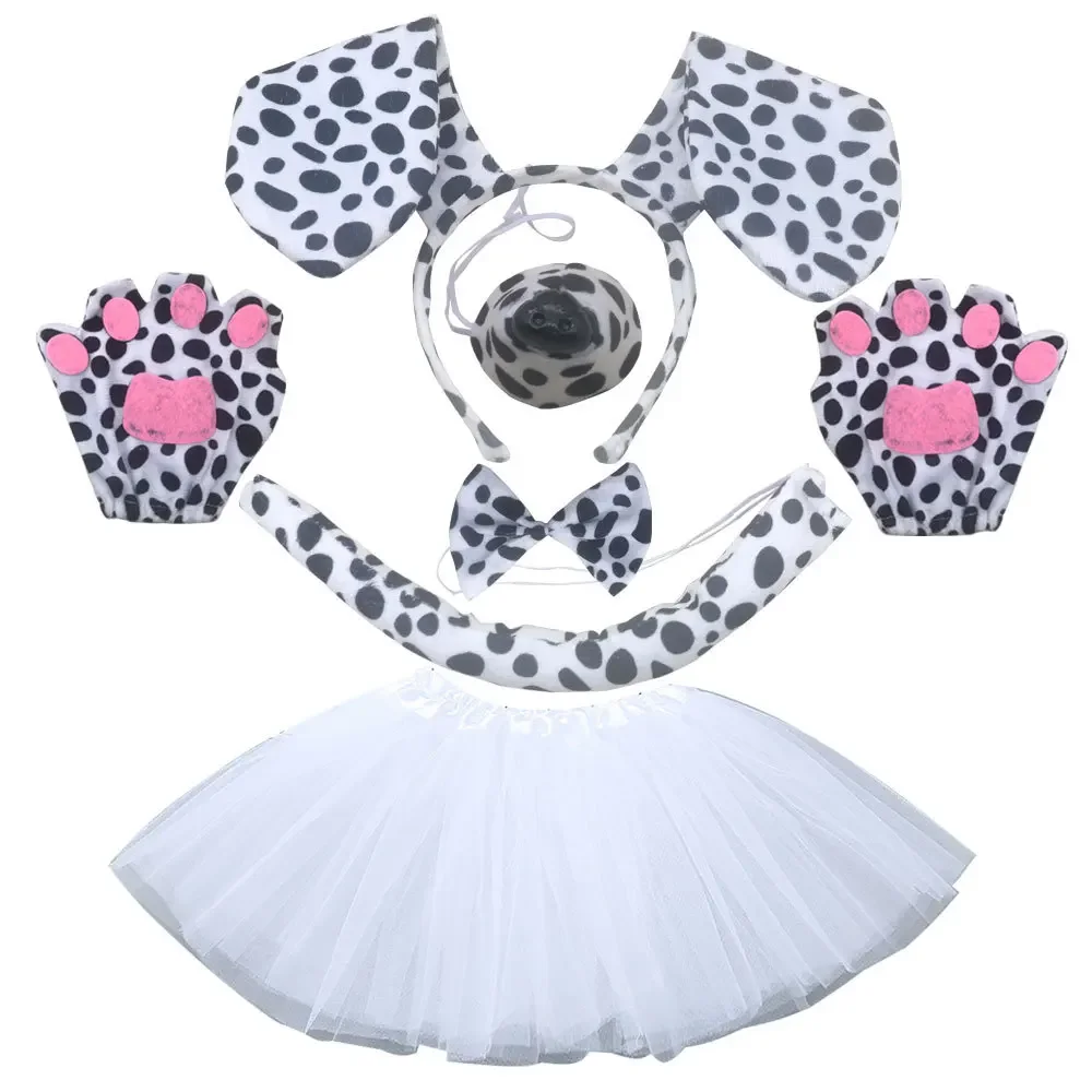 Red Brown Dalmatian Dog Ears Animal Headband Bowtie Tail Tutu Skirt for Kids Girl Birthday Party Gift Halloween Costume Cosplay