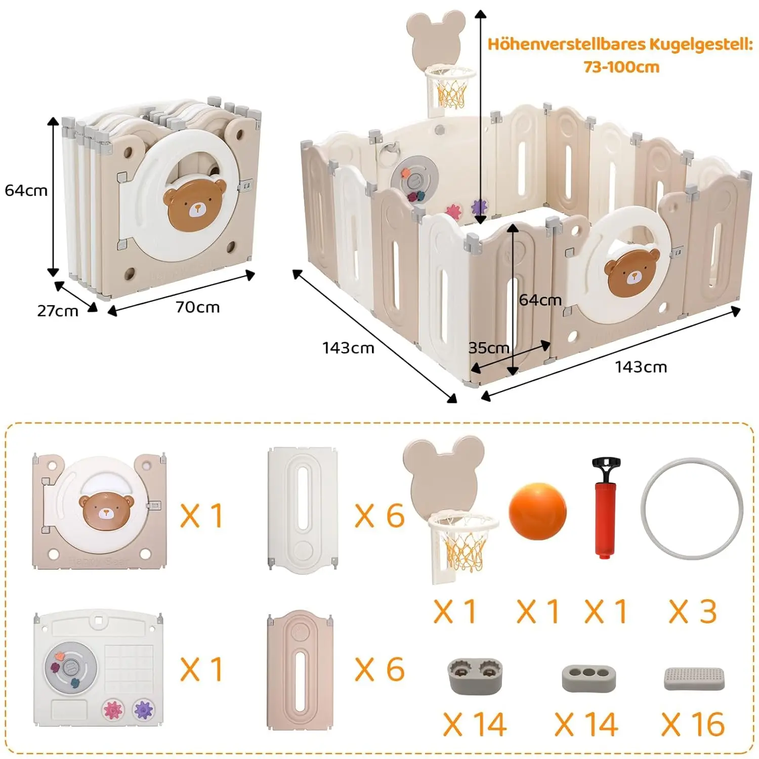 Foldable Baby Playpen 14-Panel Baby Fence Kids Activity Center Safety Play Yard with Basketball Hoop and Toy Board