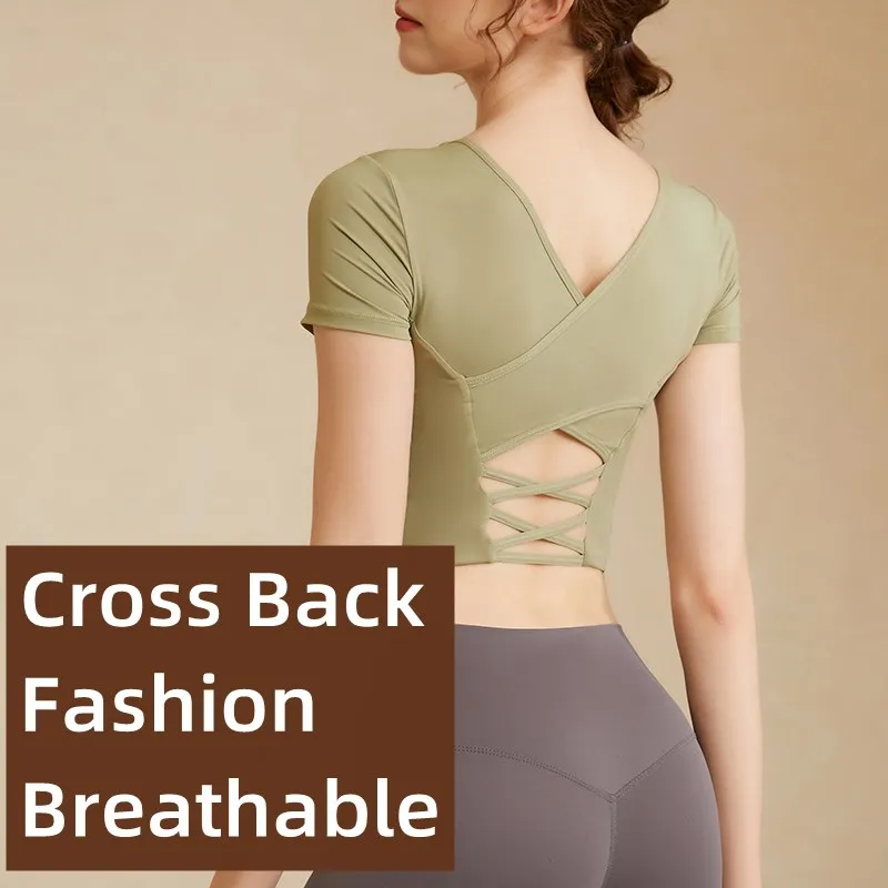 Women Breathable Gym Fitness Yoga Shirts Sport Crop Top Sexy Hollow Back Short Sleeve Slim Soft Training Workout Shirts With Pad
