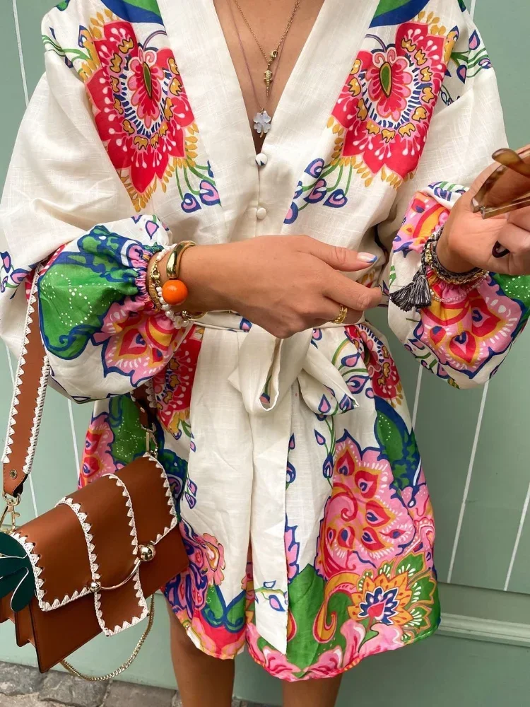 

Women Fashion Flower Printed Mini Dress with Belt Female Casual V Neck Lantern Sleeves Vestido 2024 Lady Summer Vacation Dresses