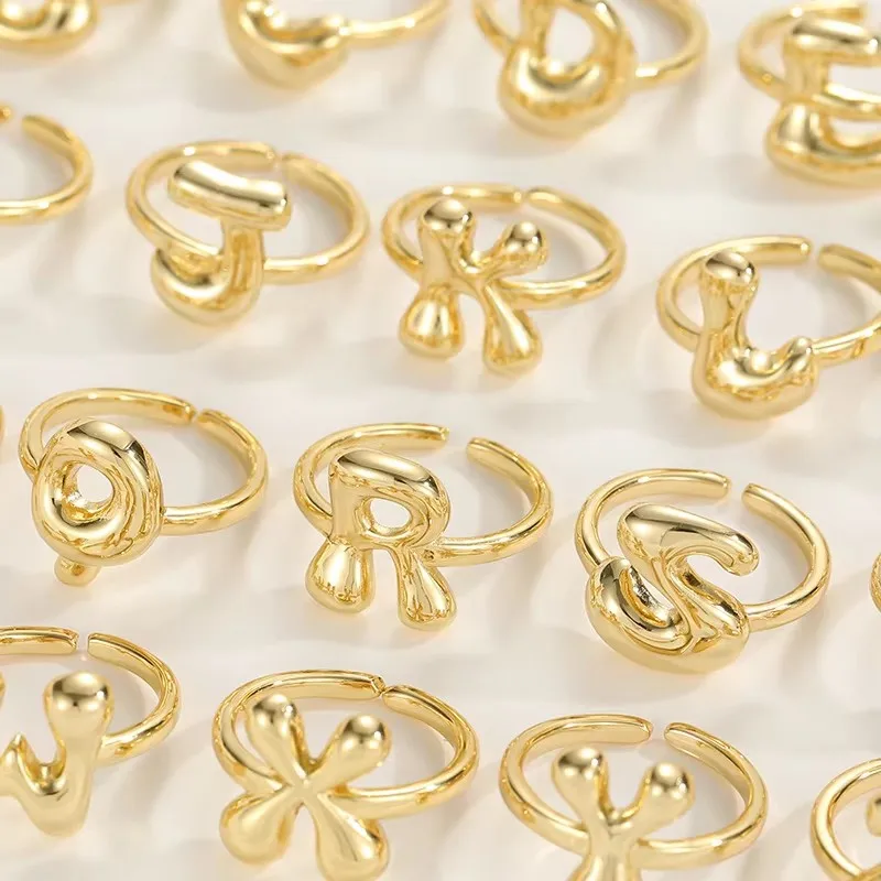 Chunky Bubble Balloon 26 Letter Pendant Neckalce for Women Stainless Steel Chain Gold Plated Initial Alphabet Adjustable Ring