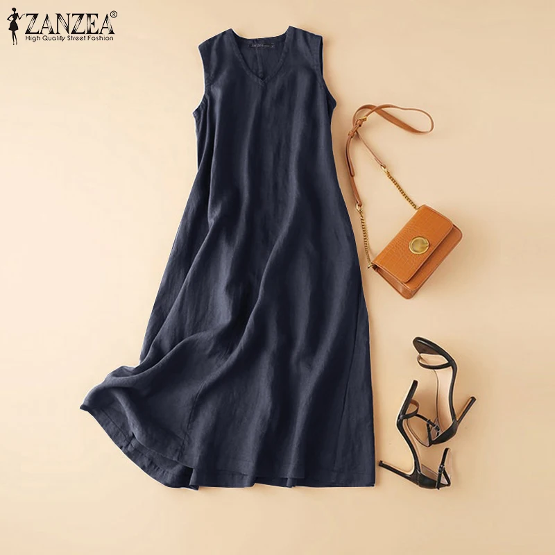 ZANZEA 2025 Sommer Ärmelloses Kleid Frau Mode V Neck Solide Sommerkleid Beiläufige Lose Party Vestidos De Mujer Vintage Rob_voghion.com