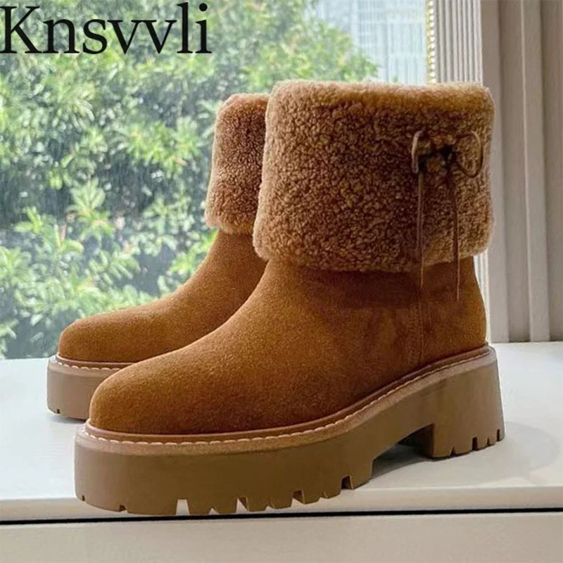 

Winter Fur Short Boots Woman Nubuck Leather Ankle Boots Round Toe Wool Warm Shoes Woman Thick Sole Motorcycle Boots Women
