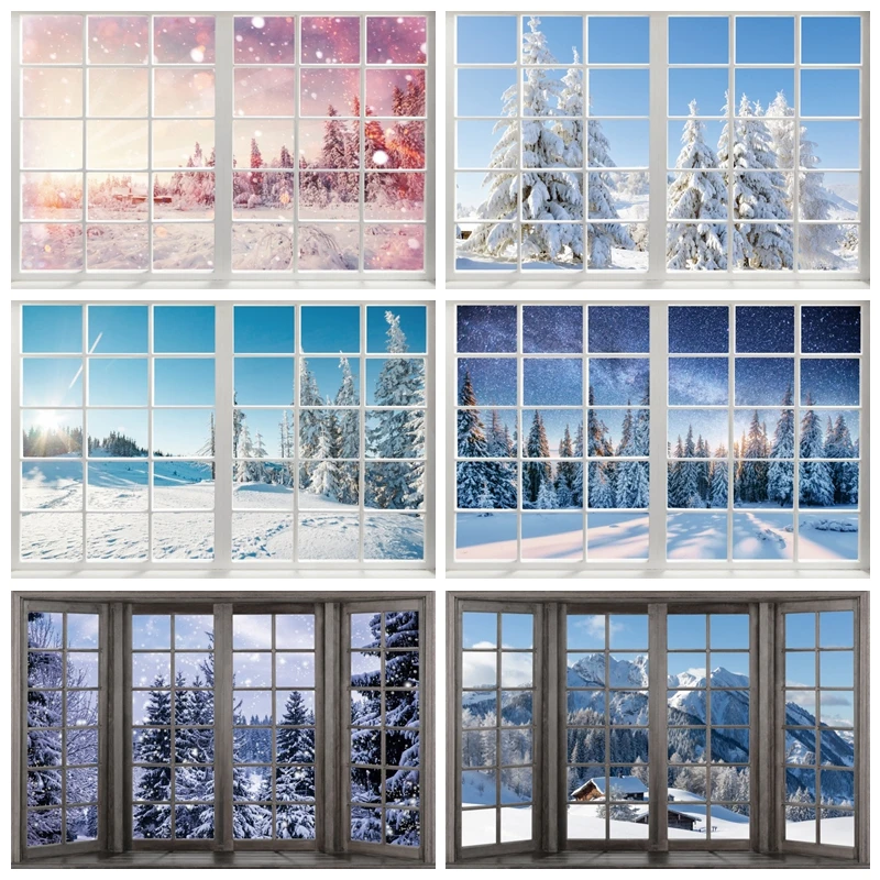 

Winter Snow Scene Backdrops Window Room Decor Photography Background Baby Portrait Photographic Photo Studio Photocall Props