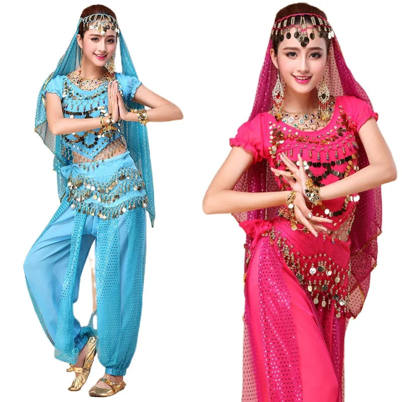 

4PCS Chiffon Bollywood Costumes Women Indian Dance Set Saree Belly Dance Pant Performance Dance Wear Clothes