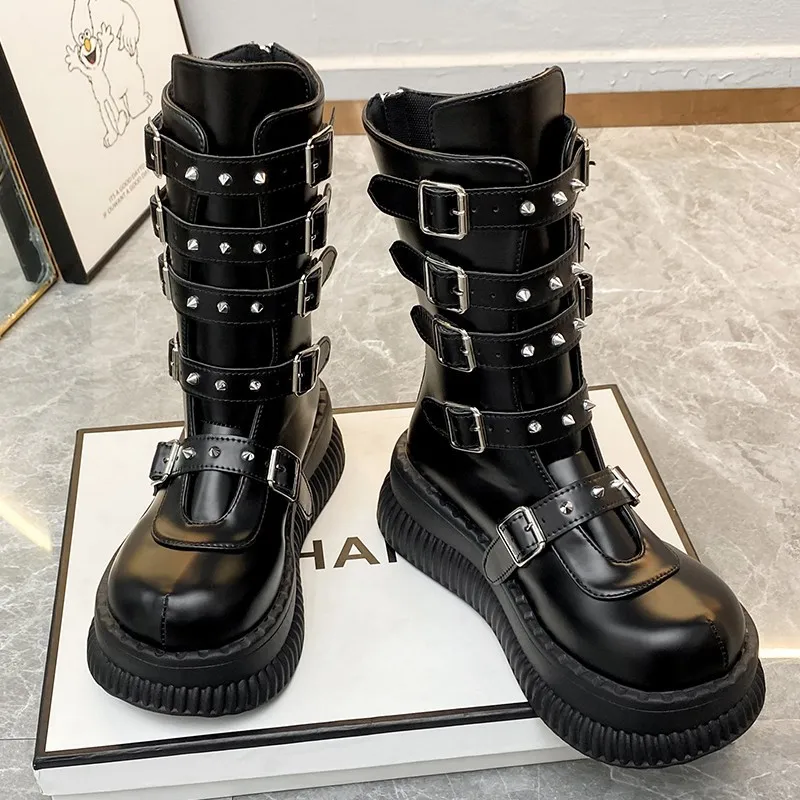 

Punk Style Metal Rivet Belt Buckle Locomotive Boots Spice Girl Thick Sole Heightening Short Boots Sexy Women's Boots Sneakers