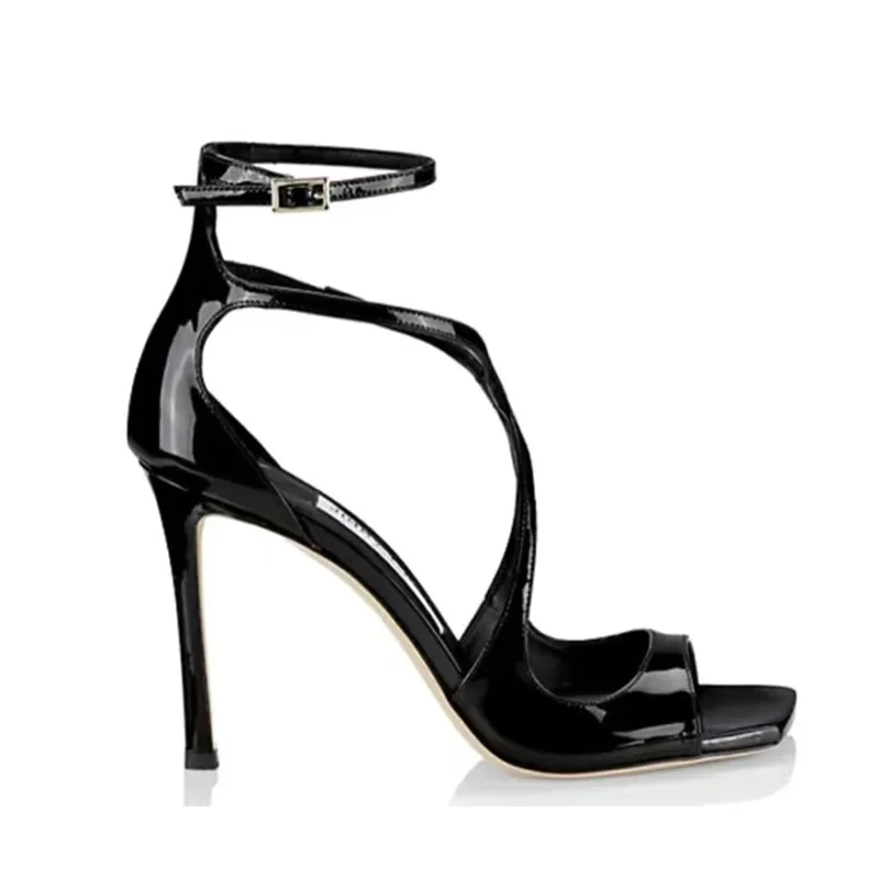 Crossed instep with high heels, women's new square toe slim heel fish mouth sandals for spring/summer 2024