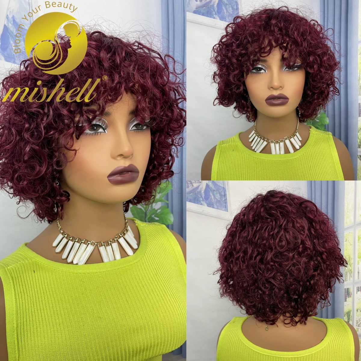 

200% Density 99J Burgundy Water Wave Human Hair Wigs with Bangs 12inch Full Machine Made Short Jerry Curly Bob Wigs for Women