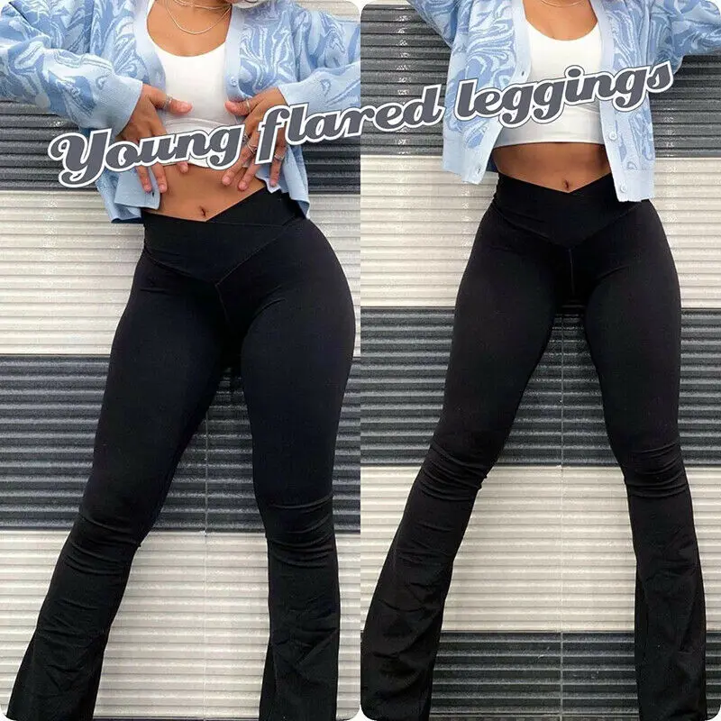 Women's Bootcut Yoga Pants Work Pants V Crossover Full Length Flare Leggings High Waisted Flare Leg Pants Workout Leggings Daily