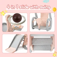 Toboggan pour enfants, toboggan intérieur/extérieur 4-en-1, aire de jeux pour enfants avec panier de basket, étagère et balançoire, pour enfants, rose, bleu 5