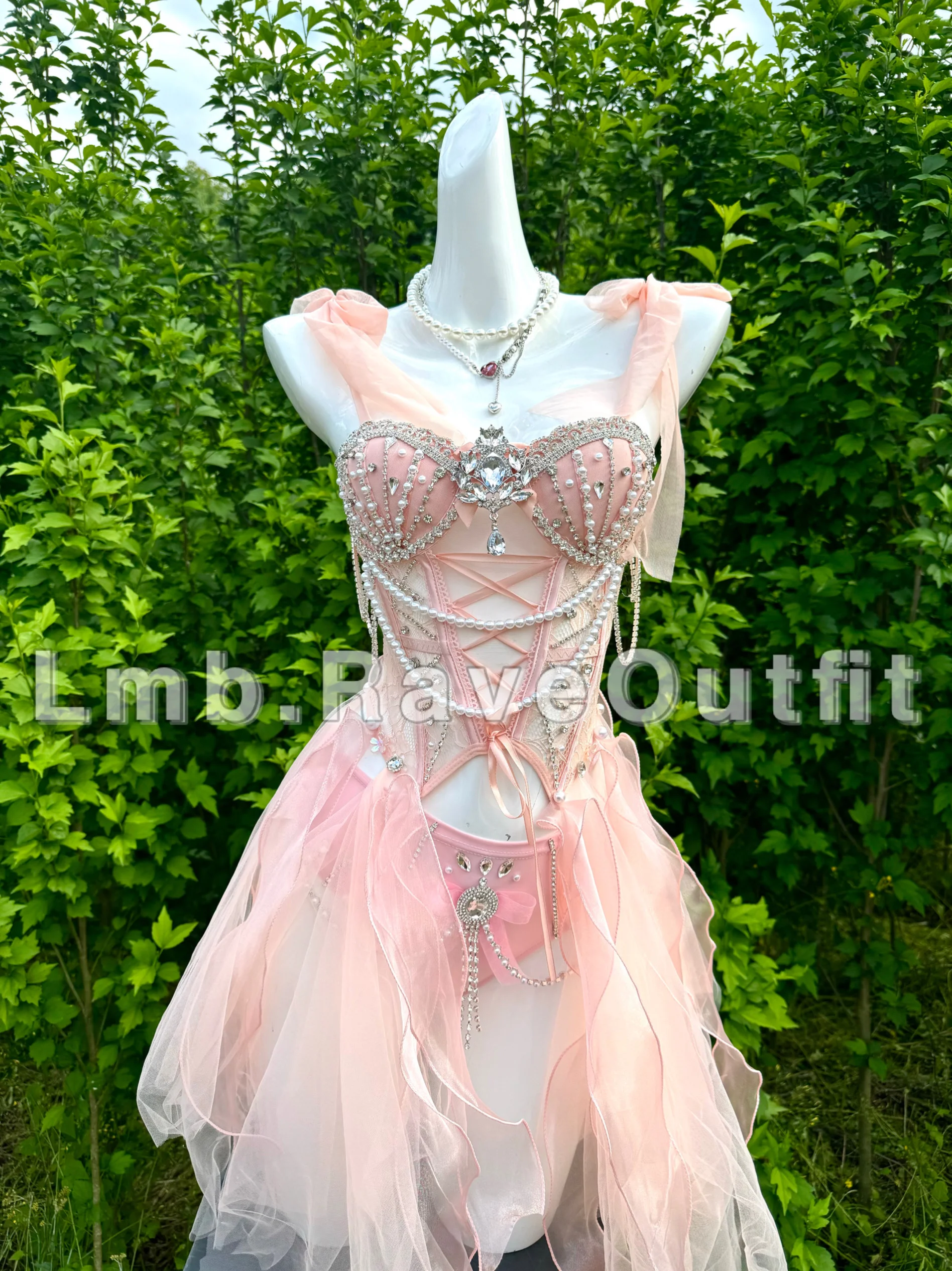 

Light Pink Tassel Bright Diamond Mesh Bikini Nightclub Bar Female Singer DJ Leading Dance Stage Performance Costume