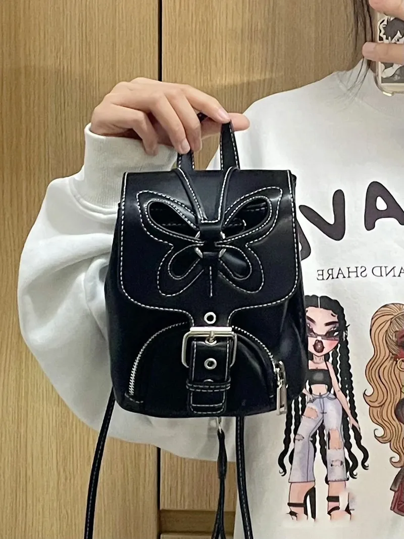JulioFlorecer American Retro Spicy Girl Cutout Butterfly Y2K Versatile Female Black Backpack Mini Cute Hollowed Purse Chic Pouch