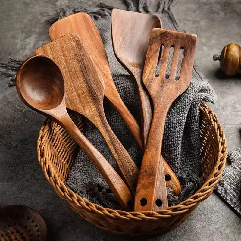Küchenutensilien-Set Aus Teakholz 8-teilig - Antihaftbeschichtet, Hitzebeständig, Mit Griff