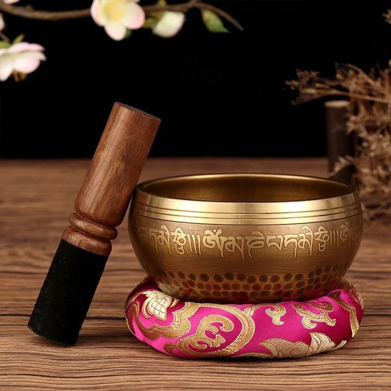 

New Tibetan Nepal Handmade Singing Bowls Set Buddha Mantra Design Tibetan Bowl with Leather Stick for Yoga Chanting Meditation