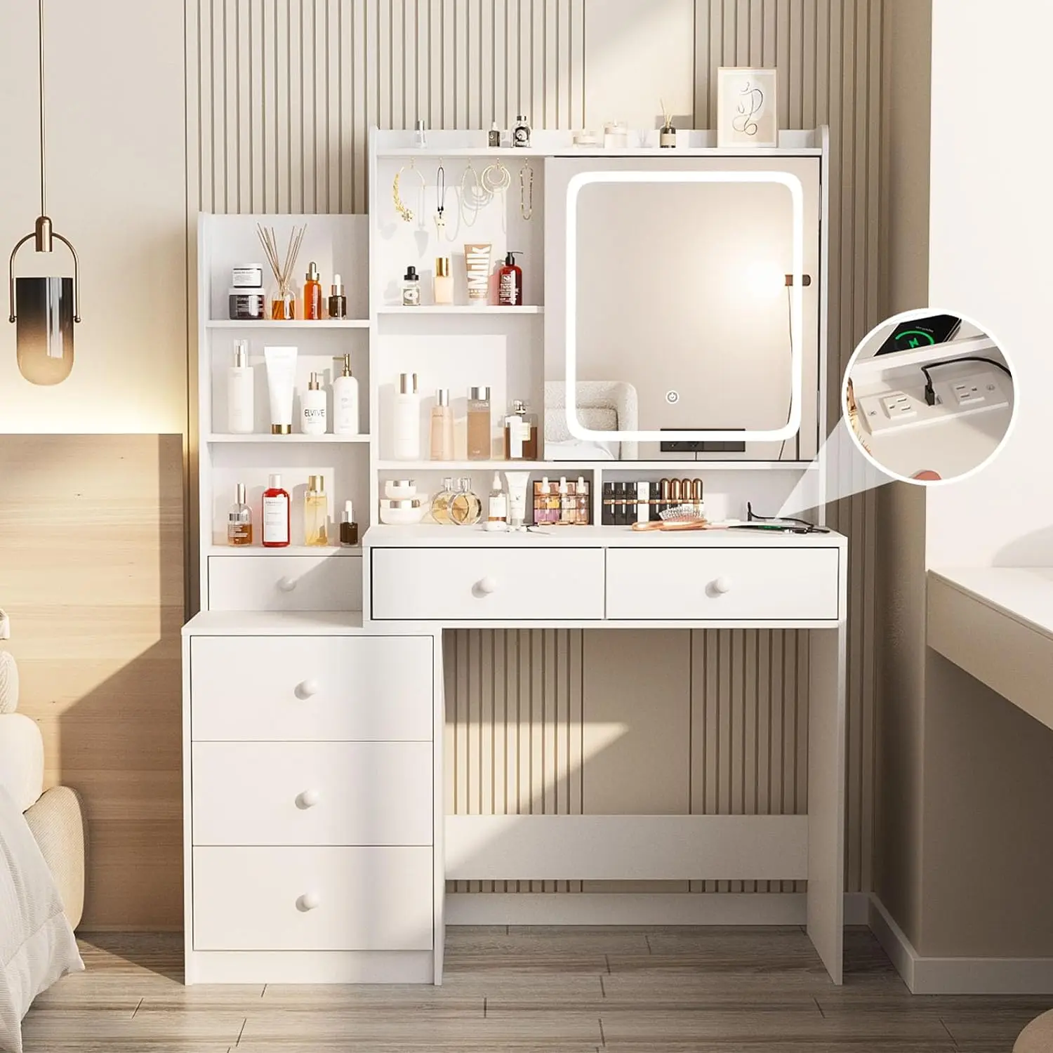 

Makeup Vanity，Desk with Mirror and Lights, Power Outlet,Makeup Desk with Led Lighted ，3 Colors, Makeup Vanity