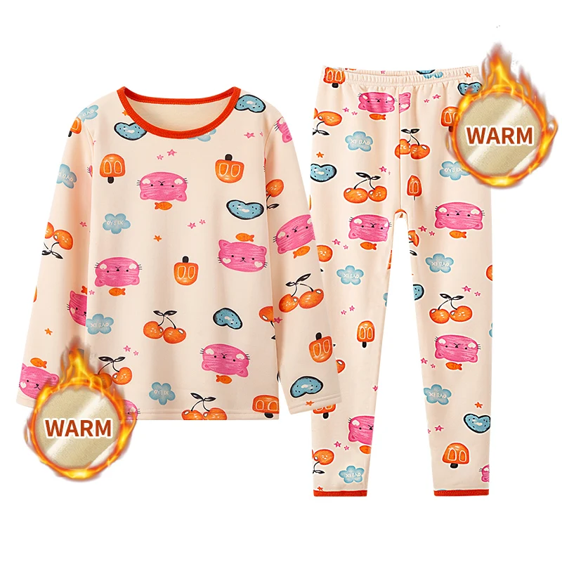 2 pieces of children's autumn and winter plus velvet warm fashion printed long-sleeved trousers suit boys and girls pajamas unde children underwear suits children clothes