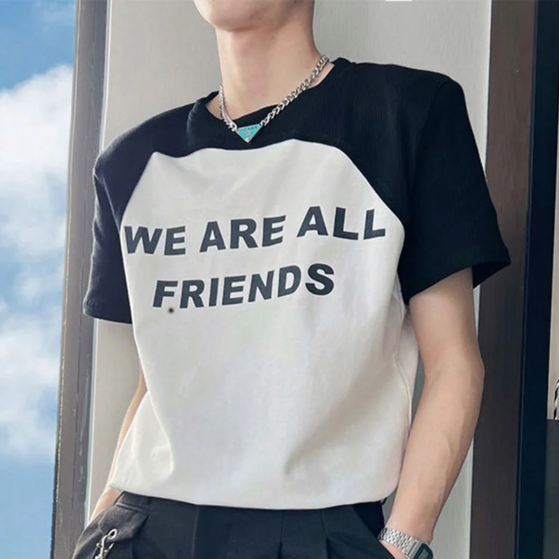 

Fashion O-Neck Spliced All-match Printed Letter T-Shirt Men's Clothing 2023 Summer New Casual Pullovers Loose Korean Tee Shirt