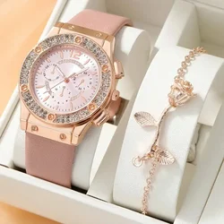 Elegant Women's Starry Diamond Dial Bracelet & Leather Band Watch Set (Pink)