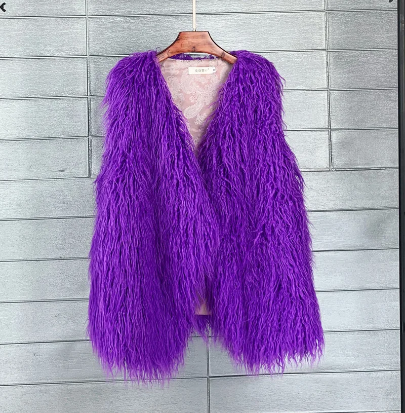 

2022 Autumn New Arrival Women V-neck Faux Mongolia Sheep Fur Vest Female Fashion Slim Fur Jacket Festival Clothes Furry Coat