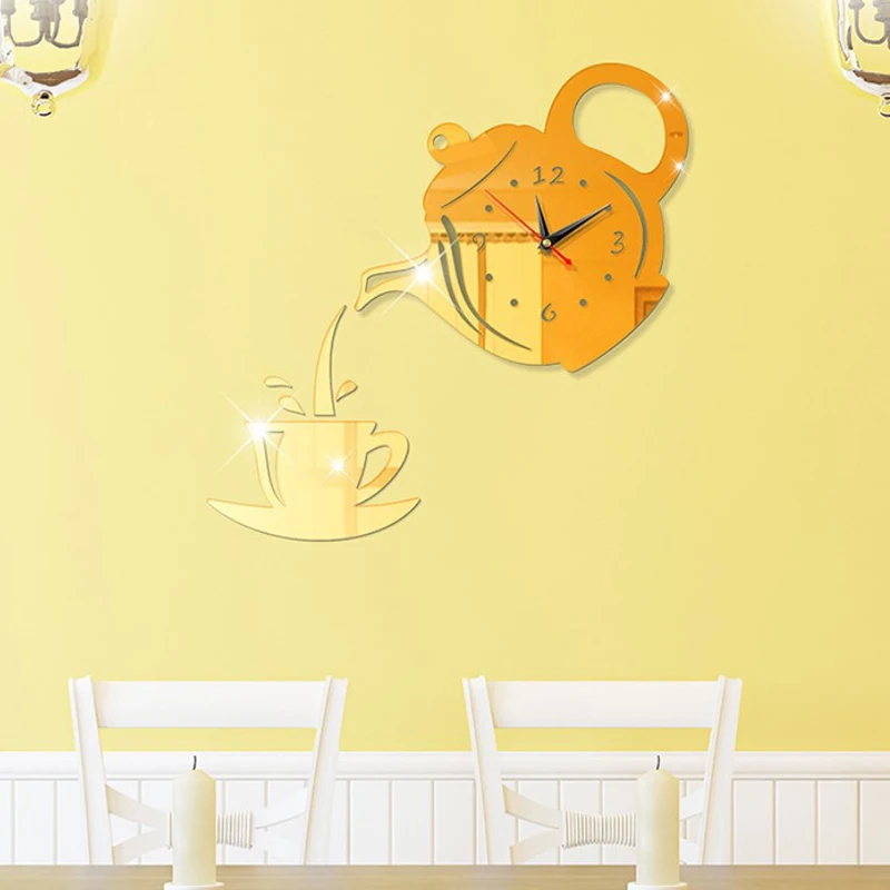3D DIY Teapot Shape Wall Clock Acrylic Mirror Clock Modern Kitchen Home Decor Wall Sticker Hollow Digital Watch