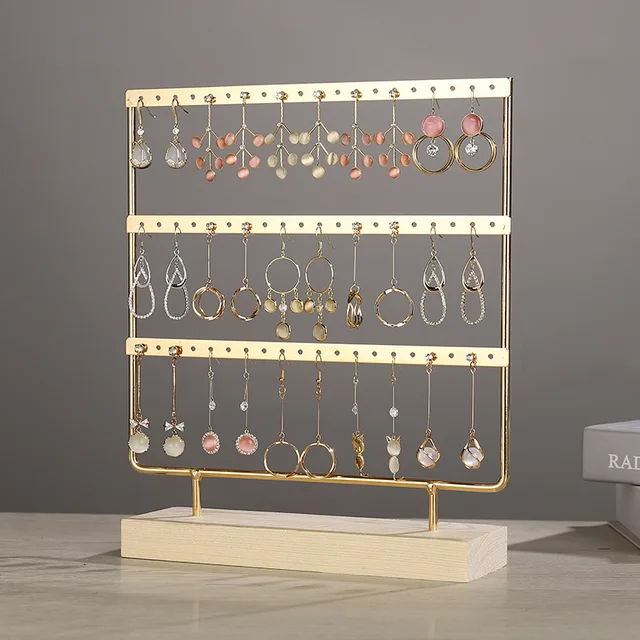 Présentoir de boucles d'oreilles à 3 niveaux et 72 trous, organisateur de rangement de bijoux en métal à 3 couches, support de Base en bois, arbre, support de clous d'oreille, cadeau