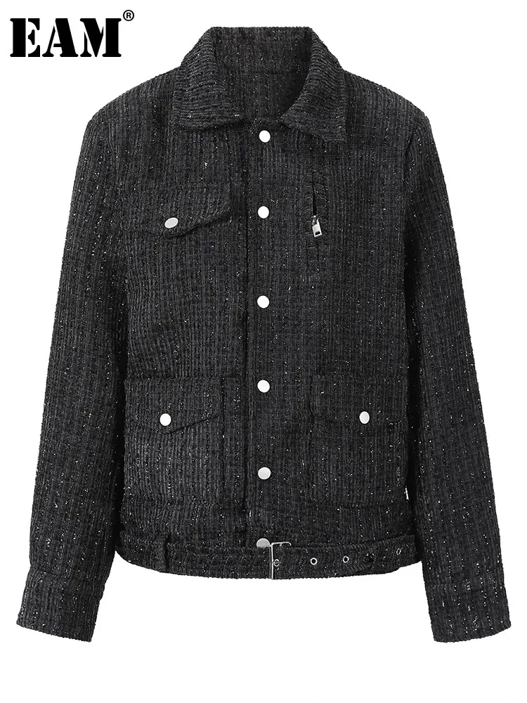 

[EAM] Loose Fit Black Pocket Big Size Tweed Jacket New Lapel Long Sleeve Women Coat Fashion Tide Spring Autumn 2024 CPG0765