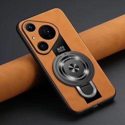 Luxurious Sheepskin Leather Wireless Charging Magnetic Ring Stand Holder Cover - Shockproof Case for Huawei Pura 80 Ultra (Brown)