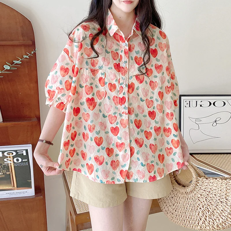 

Printed Short-sleeved Shirt Blouse 2023 Summer Korean Version of Loose Painted Love Elegant and Youth Woman Blouses Camisas